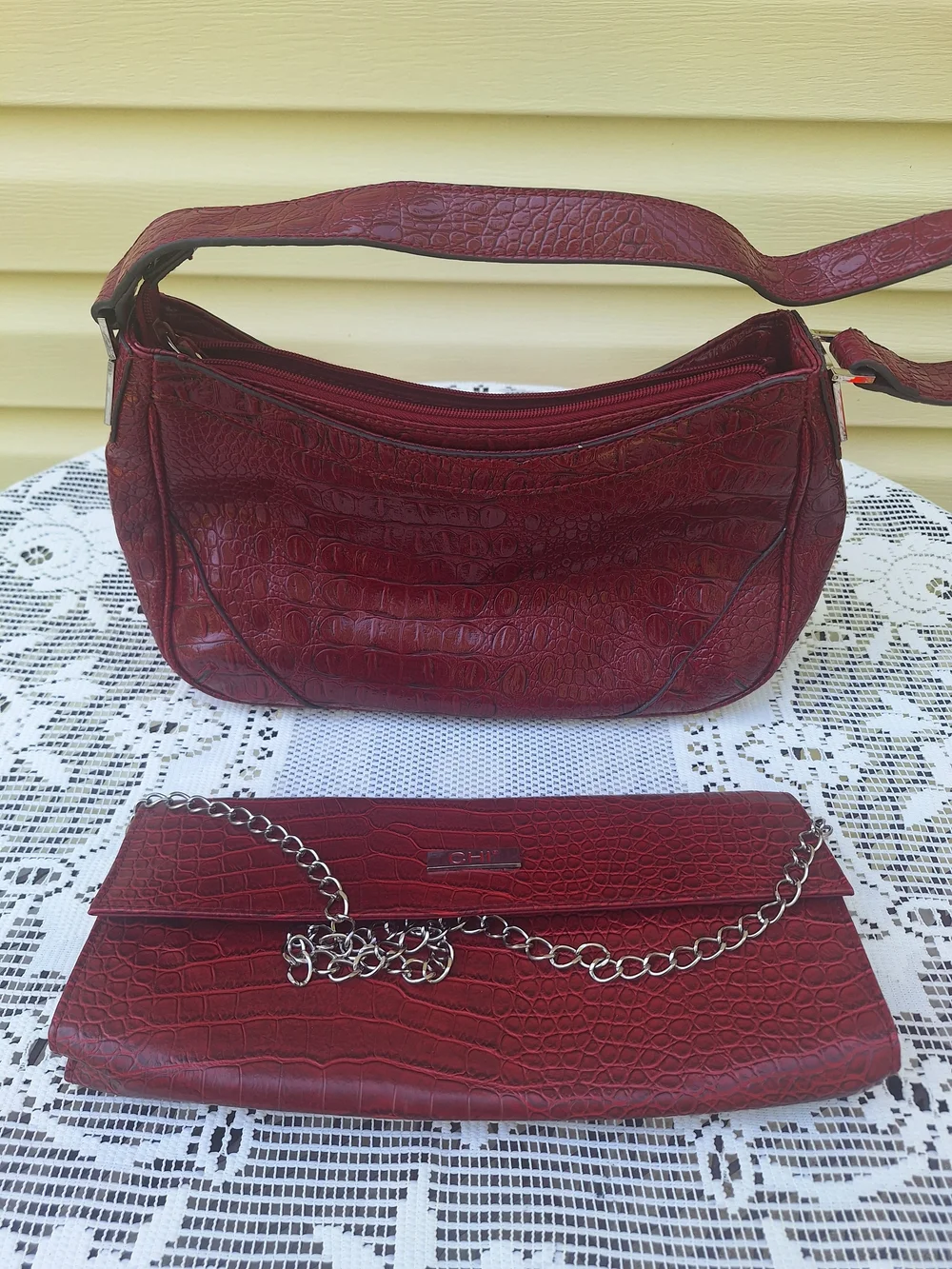 Red Croc-Embossed Shoulder Bag & Clutch Set